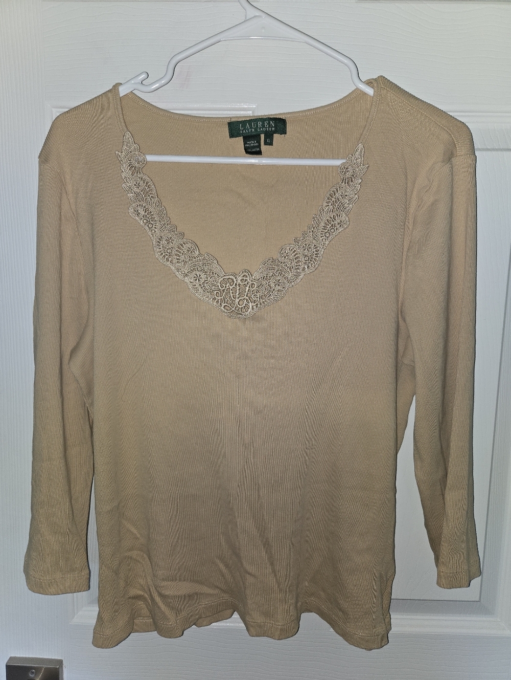 Lauren Ralph Lauren Tan Long Sleeve Top with Lace Trim